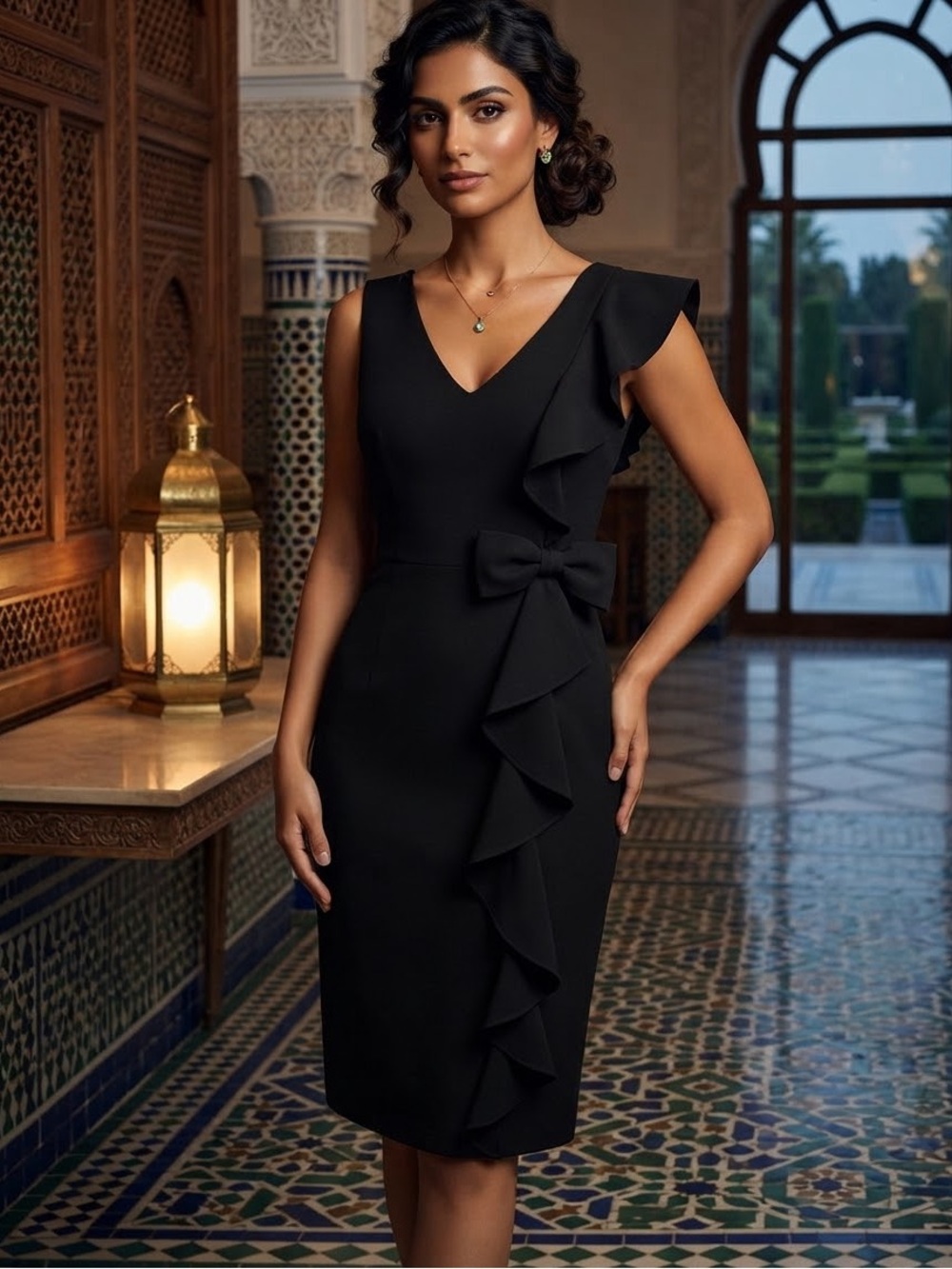 Rickie Freeman for Teri Jon Black Ruffle Sheath Dress with Bow size 12